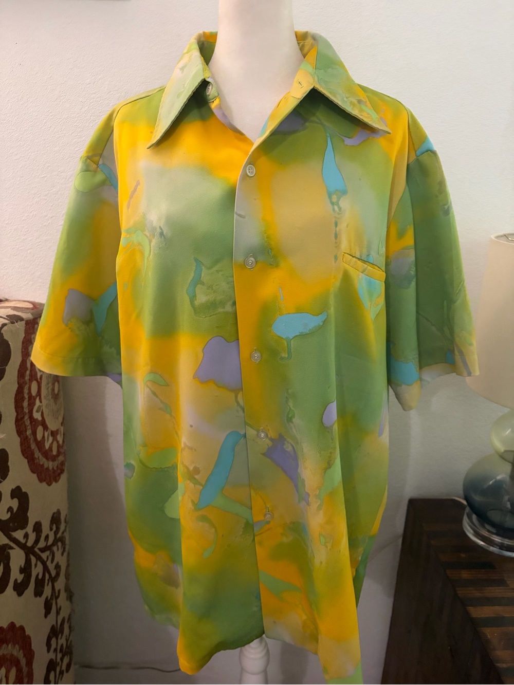 Vintage Hawaiian Button-Up Men’s Shirt in Yellow & Green